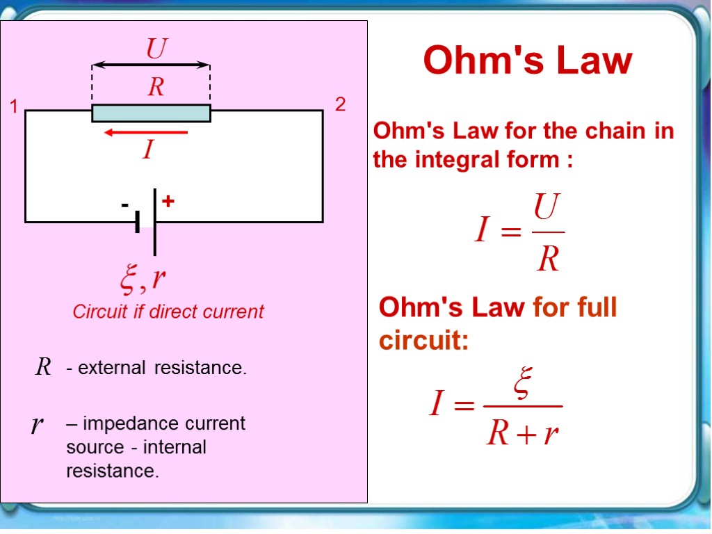 - external resistance. – impedance current source - internal resistance. Ohm's Law Ohm's Law